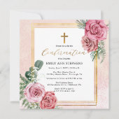 Invitation Élégant Rose | Cadre Floral en Or pour la Confirma (Devant)