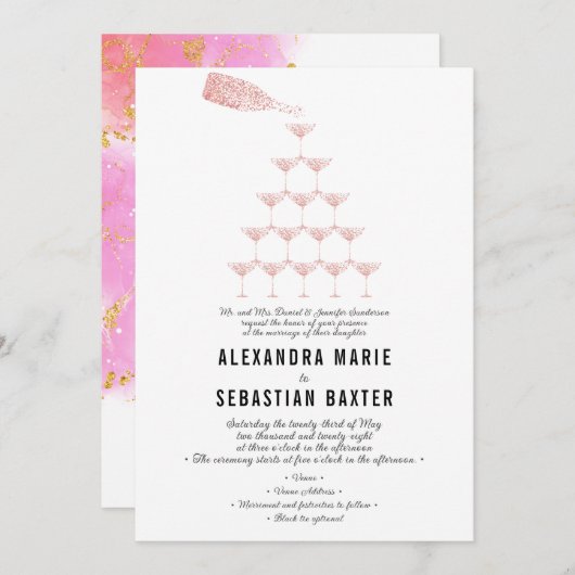 Invitation Élégant Rose Champagne Tour Mariage Script (Devant / Derrière)