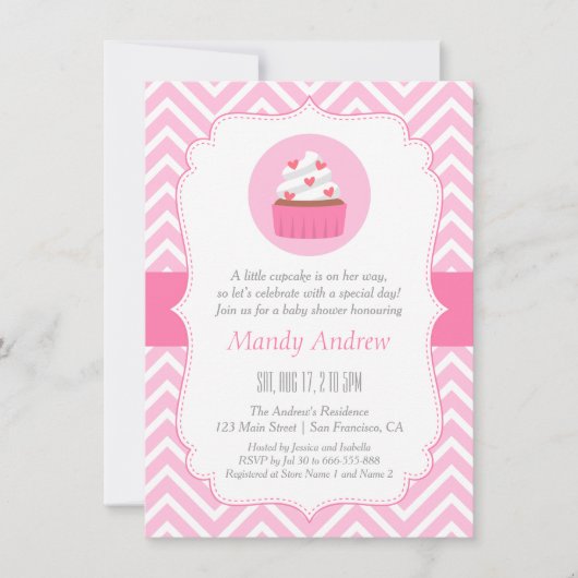 Invitation Elégant rose Chevron Cupcake Baby Girl Douche (Devant)