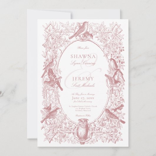 Invitation Elégant rose Chinoiserie Nature & Oiseaux Mariage (Devant)