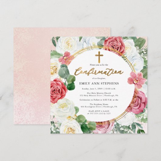 Invitation Élégant rose | Confirmation Gold Floral Frame Girl (Devant / Derrière)