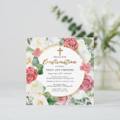 Invitation Élégant rose | Confirmation Gold Floral Frame Girl (Debout devant)