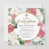 Invitation Élégant rose | Confirmation Gold Floral Frame Girl (Devant)