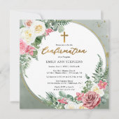 Invitation Élégant rose | Confirmation Gold Floral Frame Girl (Devant)