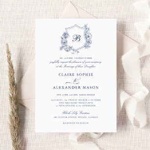 Invitation Élégant Rose  Crest Mariage Monogram Royal