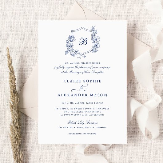 Invitation Élégant Rose  Crest Mariage Monogram Royal
