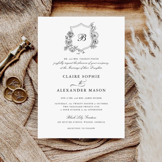 Invitation Élégant Rose Crest Mariage Monogramme