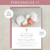 Invitation Élégant rose Croix religieuse Fille Photo Baptême