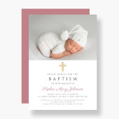Invitation Élégant rose Croix religieuse Fille Photo Baptême