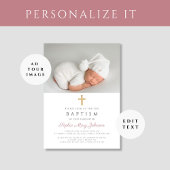 Invitation Élégant rose Croix religieuse Fille Photo Baptême