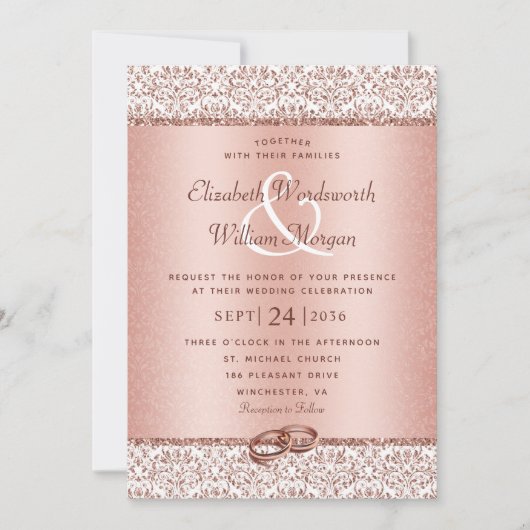Invitation Élégant Rose Damask or Monogram Mariage (Devant)