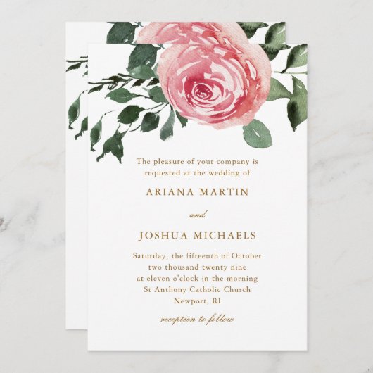 Invitation Elégant Rose d'aquarelle (Devant / Derrière)