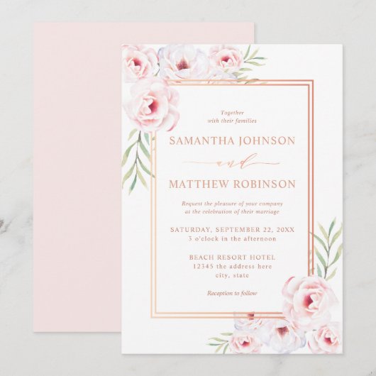 Invitation Elégant Rose d'aquarelle rose Floral Mariage or (Devant / Derrière)