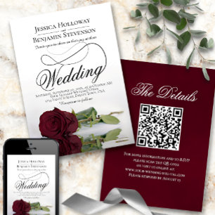 Invitation Élégant Rose de Bourgogne Fancy Script QR Code Mar