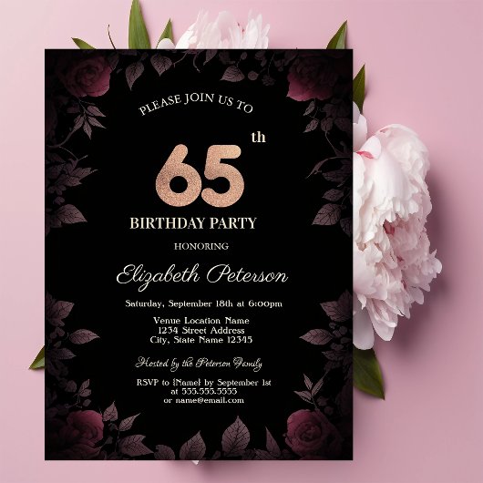Invitation Élégant Rose de Bourgogne noire 65e anniversaire