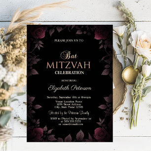 Invitation Élégant Rose de Bourgogne noire Bat mitzvah