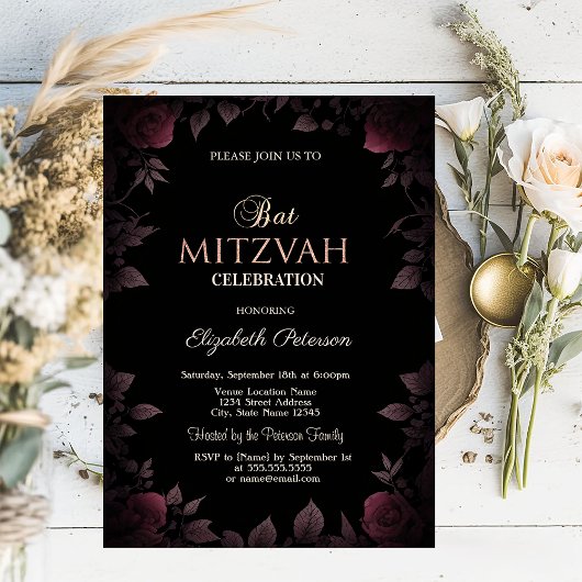 Invitation Élégant Rose de Bourgogne noire Bat mitzvah