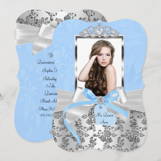 Invitation Elégant Rose de Bow Argent Bleu Photo Quinceanera (Devant / Derrière)