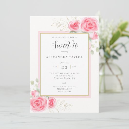 Invitation Élégant Rose de cadre floral rustique Script Sweet (Debout devant)