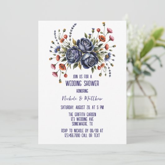 Invitation Élégant Rose de la marine et Mariage de fleurs en (Debout devant)