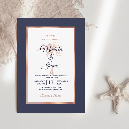 Invitation Elégant Rose de marine Gold Palm Tree moderne Mari