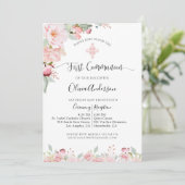 Invitation Elégant Rose de première communion or, Mint Floral (Debout devant)