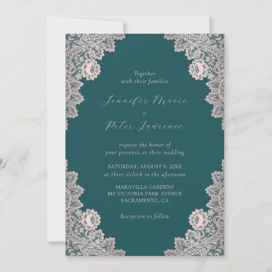Invitation Élégant Rose de script Gold et Mariage Turquoise (Devant)