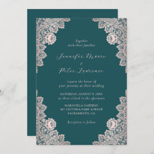 Invitation Élégant Rose de script Gold et Mariage Turquoise