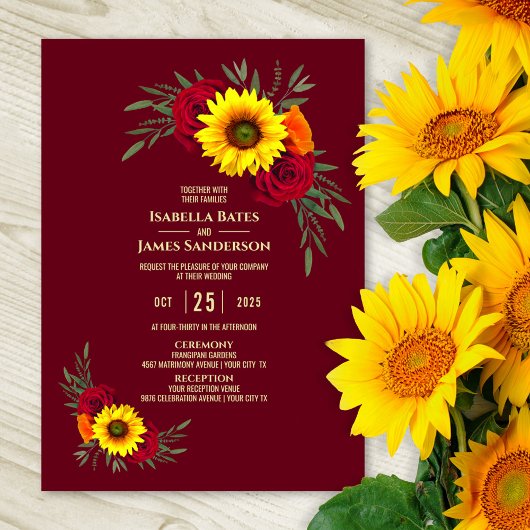 Invitation Élégant Rose de tournesol Bourgogne Mariage