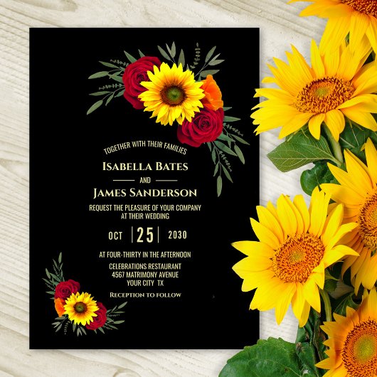 Invitation Élégant Rose de tournesol noir Bourgogne Mariage