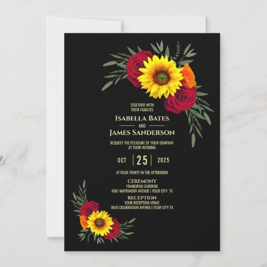 Invitation Élégant Rose de tournesol noir Bourgogne Mariage (Devant)