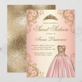 Invitation Élégant Rose décoratif Gold Sweet 16 (Devant / Derrière)