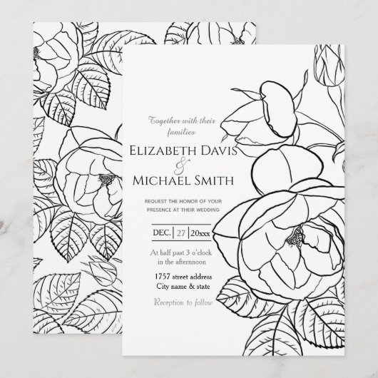 Invitation Elégant Rose dessiné à la main Floral Black White  (Devant / Derrière)