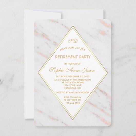 Invitation Élégant Rose Diamant Gold Marble Parti de retraite (Devant)