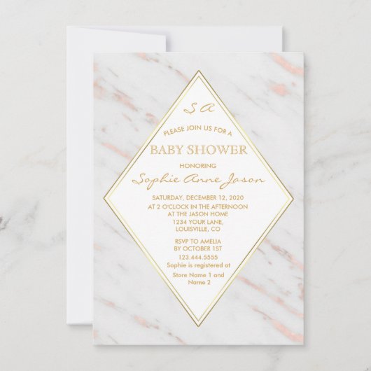 Invitation Elégant Rose Diamond  Gold Marble Baby shower (Devant)
