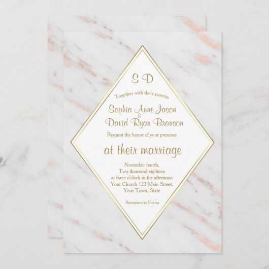 Invitation Elégant Rose Diamond or Marble Mariage (Devant / Derrière)