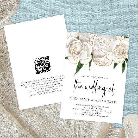 Invitation Élégant Rose d'or blanc QR Code Mariage