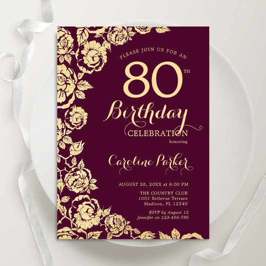 Invitation Elégant Rose d'or de Bourgogne 80e anniversaire