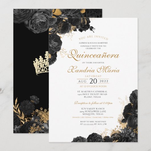 Invitation Élégant Rose d'or noir Floral Quinceanera (Devant / Derrière)