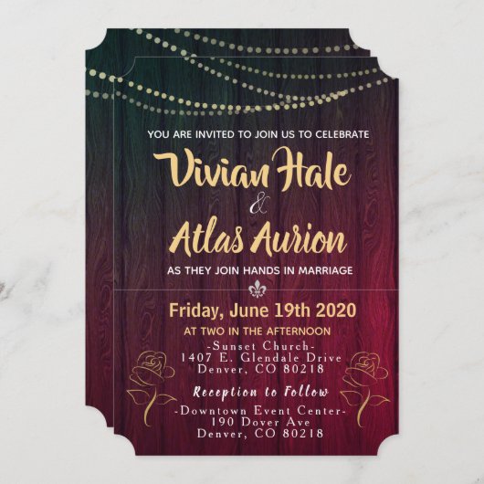 Invitation Elégant Rose d'or rouge et noir mariage invite (Devant / Derrière)