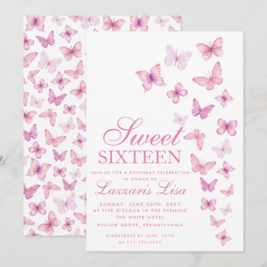 Invitation Elégant rose doux sixteent papillons Anniversaire (Devant / Derrière)