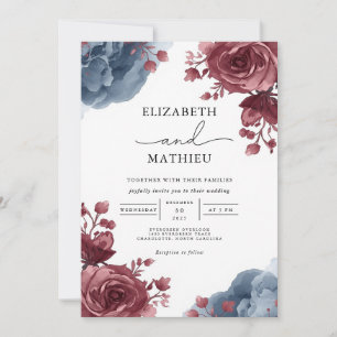 Invitation Elégant Rose Dusty Blue Floral Mariage