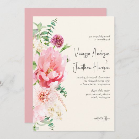 Invitation Élégant Rose Dusty Blush Ivory Floral Script (Devant / Derrière)