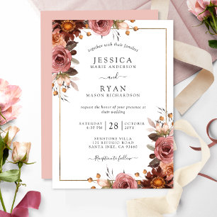 Invitation Elégant Rose Dusty, Blush, Mariage Floral Bourgogn