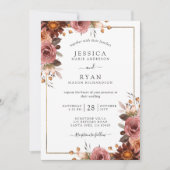 Invitation Elégant Rose Dusty, Blush, Mariage Floral Bourgogn (Devant)