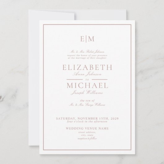 Invitation Élégant Rose Dusty Classic Script Monogram Mariage (Devant)