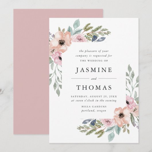 Invitation Elégant Rose Dusty et Mariage Floral Peach (Devant / Derrière)