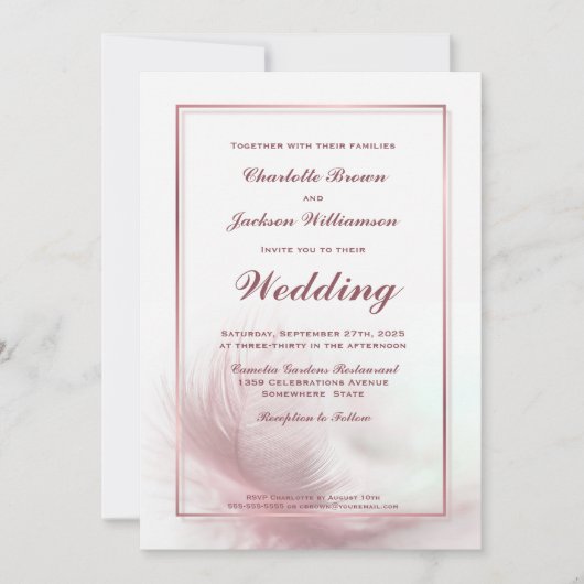 Invitation Elégant Rose Dusty Mariage en plume avec RSVP (Devant)
