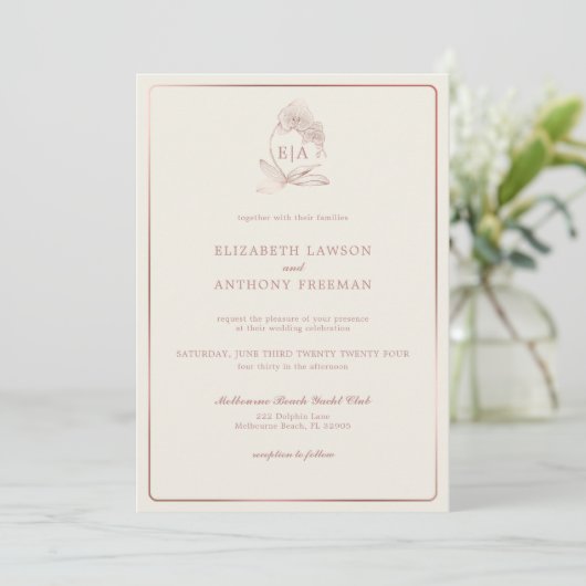 Invitation Élégant Rose Dusty Mariage orchidée Monogram (Debout devant)