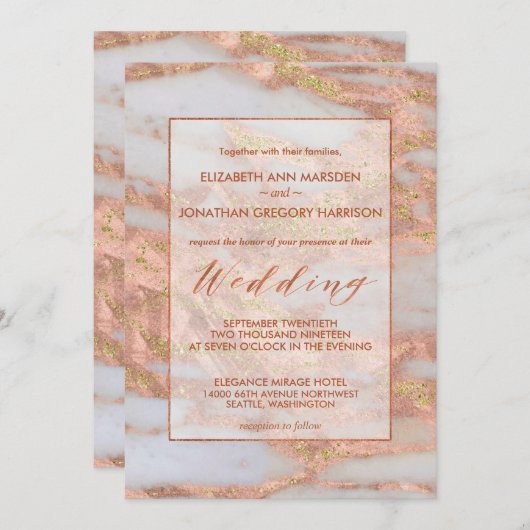 Invitation Élégant Rose en cuivre or marbre Parties scintilla (Devant / Derrière)